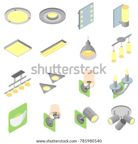 Icons of indoor lights in isometric view and solid fill on white background