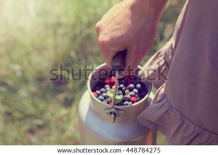 Similar – Image, Stock Photo Picking wild blueberries in the forest