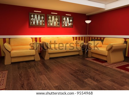 Exclusive interior red drawing room 3d image