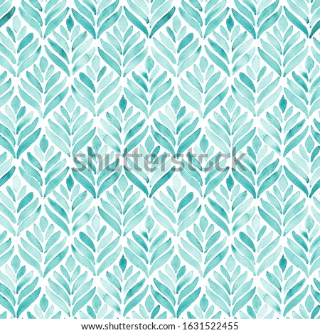 Hand painted turquoise watercolor leaf like arabesque floral geometrical shell allover seamless pattern in repeat  商業照片 © 