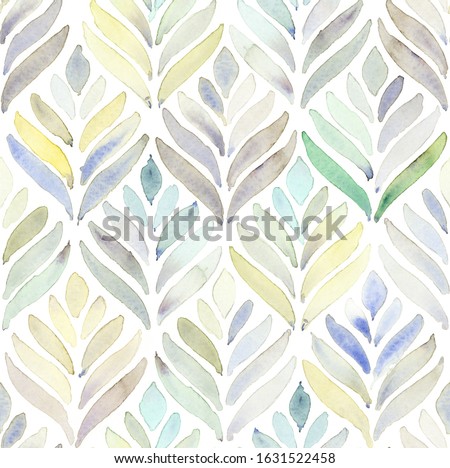 Hand painted multicolor watercolor leaf like arabesque floral geometrical shell allover seamless pattern