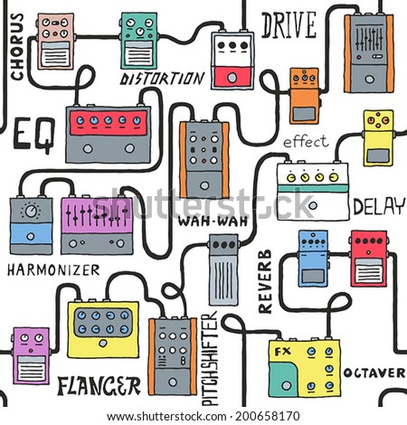 Colorful guitar pedals seamless pattern isolated. Hand drawn. Vector illustration.