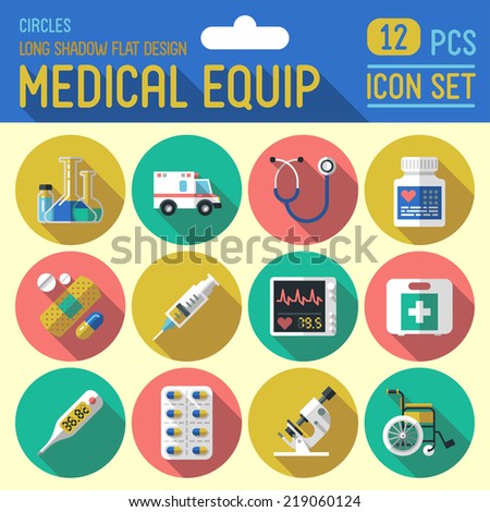 Medical equipment flat long shadow design circle icon set. Trendy illustrations. Vector.