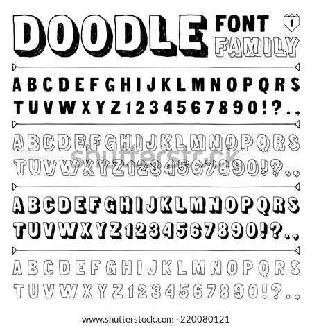 Hand drawn doodle font family N1 isolated on white. Vector illustration.