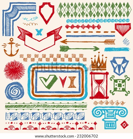 Doodle set of hand drawn design elements, text correction and highlighting 3. Vector illustration. Color.