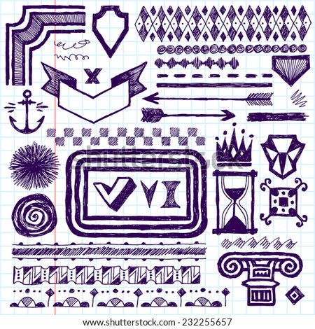 Doodle set of hand drawn design elements, text correction and highlighting 3. Vector illustration. School notebook.