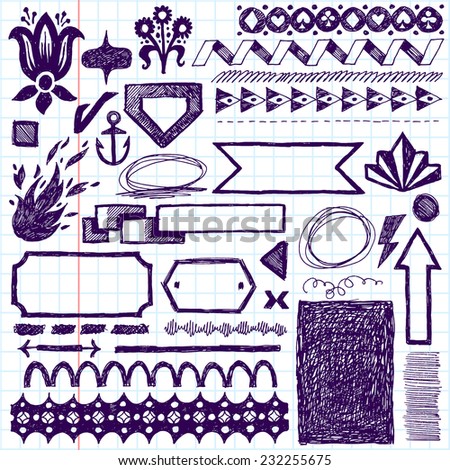 Doodle set of hand drawn design elements, text correction and highlighting 1. Vector illustration. School notebook.