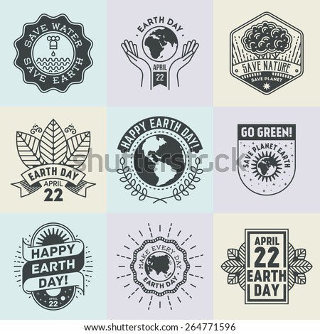 April 22 World Earth Day. Assorted retro design insignias logotypes set. Vector vintage elements.