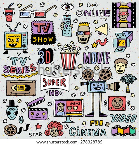 TV Shows, Series and Movies Funny Doodle Vector set. Hand drawn illustration. Colorful pattern.