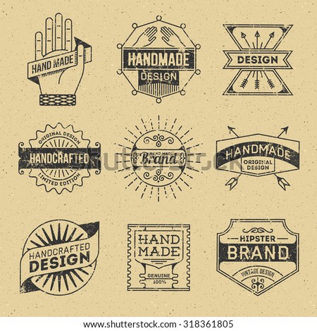 Grunge Hipster Retro Design Insignias Logotypes Set 10. Lo-Fi Vector Vintage Elements. Cardboard Texture.