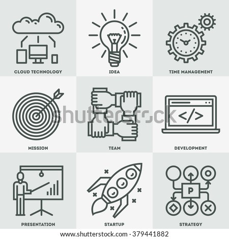 Modern Startup Business Mono Linear Icon Set. Trendy Simple Line Design Art Vector Illustrations.