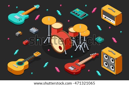 Rock Music Equipment 3D Isometric Illustration on Dark. Low Poly Flat Design. 