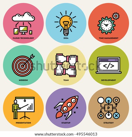 Modern Startup Business Round Mono Linear Icon Set. Trendy Simple Line Design Art Vector Illustrations.