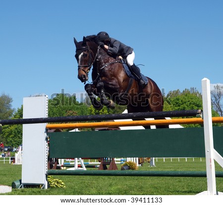 A horse and rider over a jump