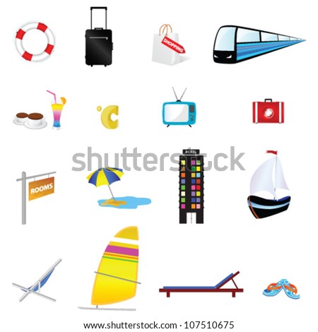 travel icon set one with train and boat illustration