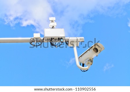 Surveillance cameras and surveillance equipment against blue sky