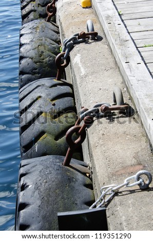Tires chained to pier