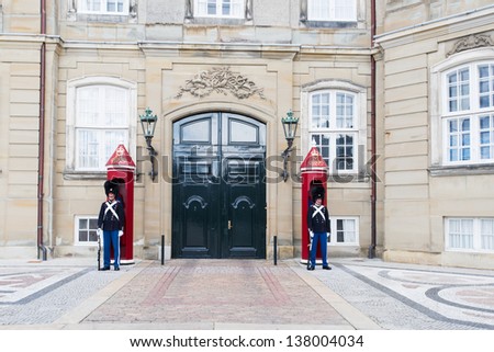 COPENHAGEN - AUG. 23: Unknown Danish Royal Life Guard posted at Amalienborg Palace in Copenhagen, Denmark on August 23, 2012. Royal Life Guards is an infantry regiment of Royal Danish Army.