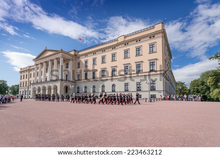OSLO - AUGUST 28: In Oslo, His Majesty King\'s Guard keeps The Royal Palace and Royal Family guarded 24 hours day. Every day  1330 hrs,  is Change of Guards outside Palace. Pictured on August 28, 2014