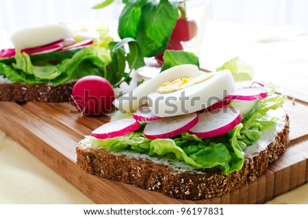 Fresh toast sandwiches with egg,radish,cucumber and soft cheese