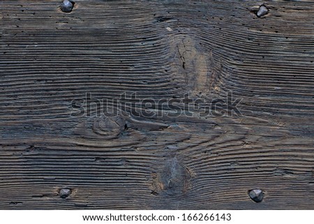 Closeup of old dirty wooden door structure pattern with iron nails
