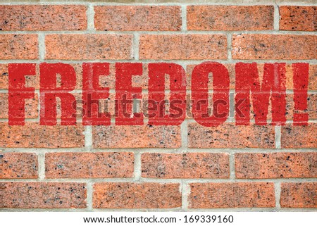 Red FREEDOM inscription on brick wall surface pattern as a wallpaper concept for designers background applying