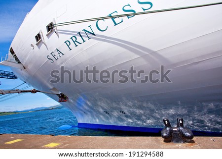 GREENOCK, SCOTLAND/UK - JULY 09: Bow of Sea Princess cruise ship docked at sea port. Greenock port, Scotland, July 29, 2013