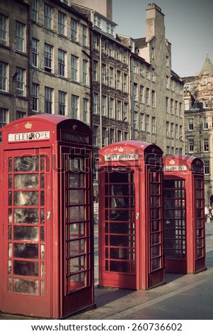 Retro old red telephone booths on Royal mile street in Edinburgh, capital of Scotland, United Kingdom