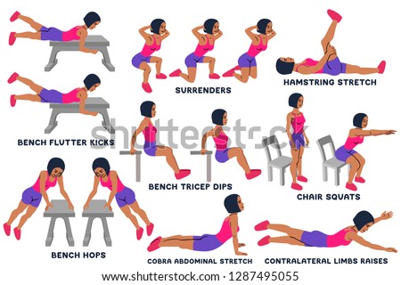 Bench flutter kicks. Surrenders. Hamstring stretch. Bench biceps dips. Chair squats. Bench hops. Cobra abdominal stretch. Contralateral limbs raises. Sport exersice. 
