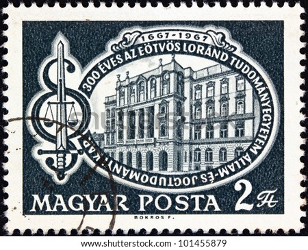 HUNGARY - CIRCA 1967: A stamp printed in Hungary issued for the 300th anniversary of Political Law and Science Faculty, Lorand Eotvos University, Budapest shows Faculty Building, circa 1967.
