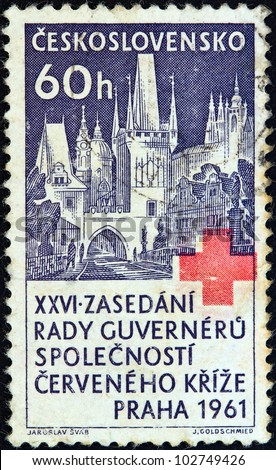 CZECHOSLOVAKIA - CIRCA 1961: A stamp printed in Czechoslovakia issued for the 26th session of Red Cross societies league Governors\' Council, Prague shows Prague, circa 1961.