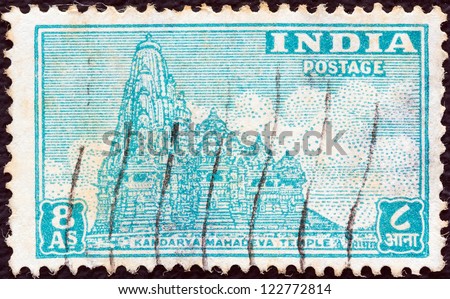 INDIA - CIRCA 1949: A stamp printed in India shows Kandarya Mahadeva Temple, circa 1949.