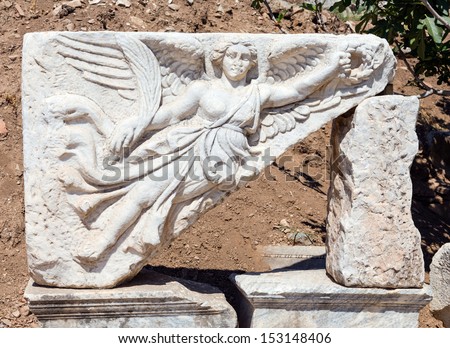 Sculpture of the goddess Nike in the archaeological site of ancient Ephesus, Turkey