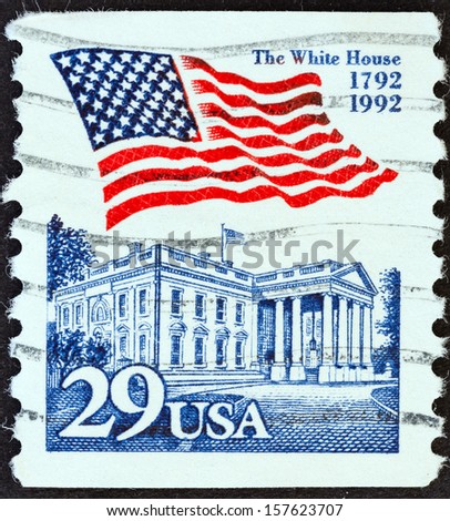 USA - CIRCA 1992: A stamp printed in USA issued for the 200th anniversary of the White House shows northeast view of the White House, with the American Flag waving above, circa 1992.