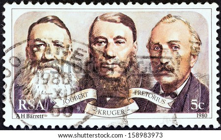 SOUTH AFRICA - CIRCA 1980: A stamp printed in South Africa issued for the Centenary of Paardekraal Monument shows Joubert, Kruger and Pretorius (Triumvirate Government), circa 1980.