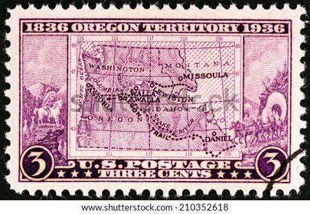 USA - CIRCA 1936: A stamp printed in USA issued for the Oregon Centenary shows Map of Old Oregon Territory, circa 1936.