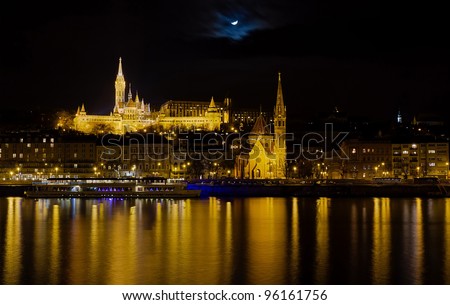 Fisherman\'s Bastion, St. Matthias church and Budai Reformatus night view, Budapest, Hungary.