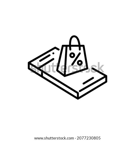 Online shopping sale event. Shopping bah with discount symbol on top of isometric smartphone. Pixel perfect, editable stroke icon Stok fotoğraf © 