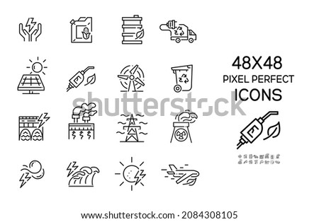 Sustainable energy generation and usage. Recycling and alternative power sources. Pixel perfect, editable stroke icons set 商業照片 © 