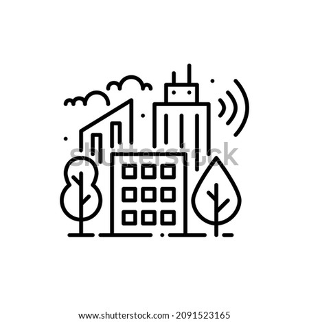 Smart city good for living, modern urban trend. Green ecology, wireless connection. Skyscrapers skyline and trees. Pixel perfect, editable stroke