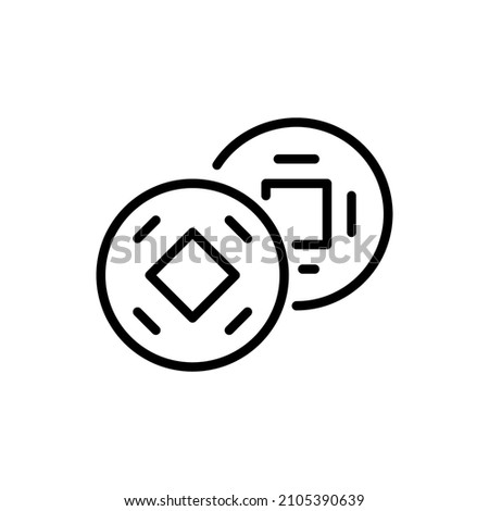 Ancient Chinese coins with square holes. Symbol of wealth and prosperity. Pixel perfect, editable stroke icon