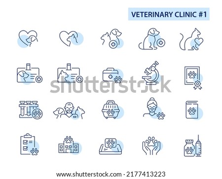 Set of veterinary clinic pet care icons. Doctor, checkup, vaccine, cat and dog love. Pixel perfect, editable stroke line art.