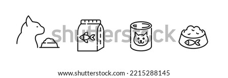 Cat feeding icons. Package, can and bowl of cat food. Pixel perfect, editable stroke line