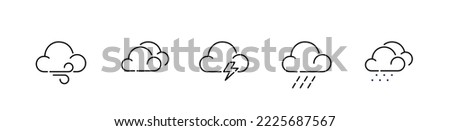 Set of bad weather icons. Cloudy, thunderstorm and rain. Pixel perfect, editable stroke designs