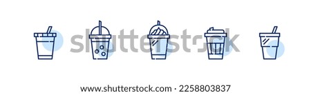 Drinks in disposable cups. Frappe, cold and iced coffee, tea. Takeaway to go drinks. Pixel perfect, editable stroke line art icons