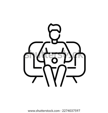 Guy sitting on a sofa with a computer. Working from home freelance office. Pixel perfect, editable stroke icon