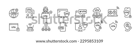 VPN Internet security, user protection, internet connection protection service. Pixel perfect, editable stroke line icons set