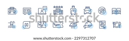 Travel and hotel accommodation icons. Room service, restaurant, bed type, taxi etc. Pixel perfect, editable stroke line design icons set