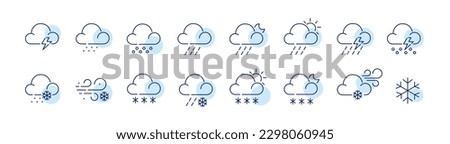 Precipitation weather forecast icons. Storm, snow, rain, drizzle and hail. Pixel perfect, editable stroke line icons set