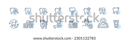 Set of dental health related icons. Dentistry, orthodontic treatment and hygiene. Pixel perfect, editable stroke set